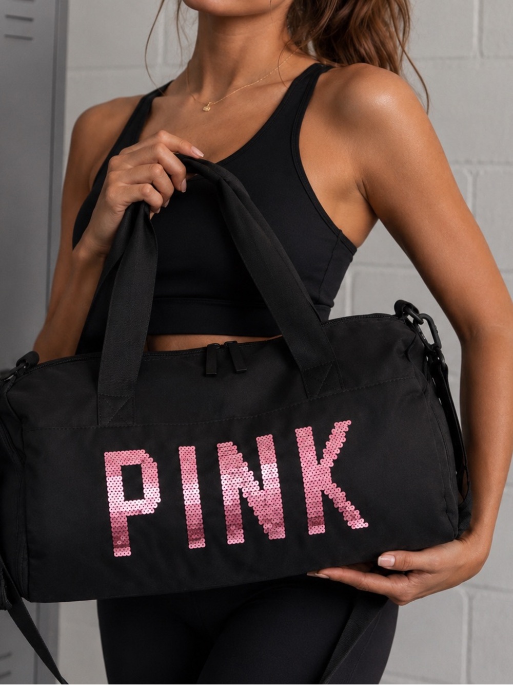 PINK Black Duffel with Pink Sequin Logo